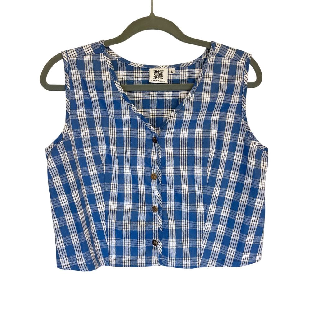 Kahui Palaka Royal Blue Palaka Buttoned Down Cropped Tank Large